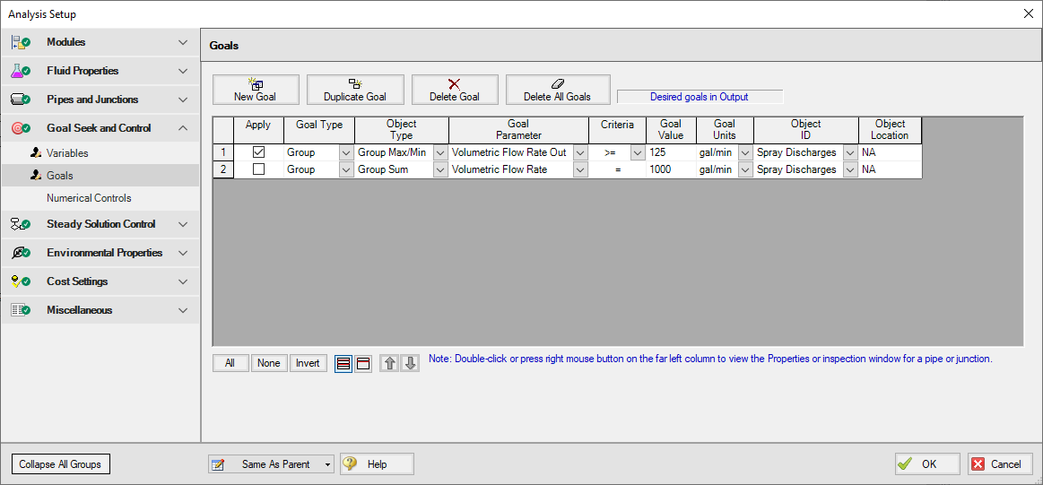 The Goals tab of the Goal Seek and Control Manager window with two goals defined.